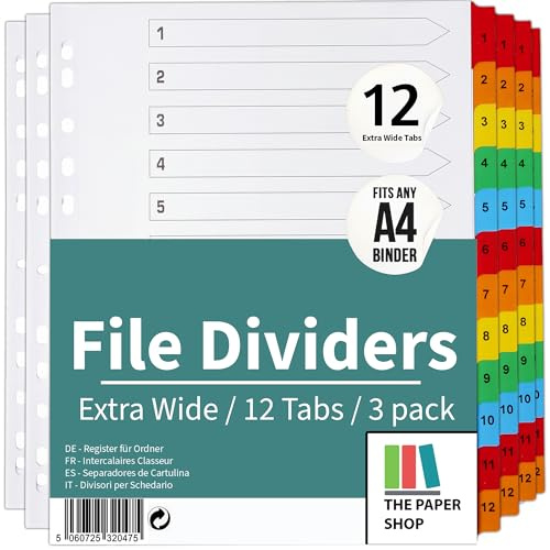 The Paper Shop Register für Ordner A4+ Extra Breit - 12-teilig Nummeriert (3 Pack) | Trennstreifen & Unterteiler für Ringordner | Extra Breite Trennblätter Schule - 36 Stück