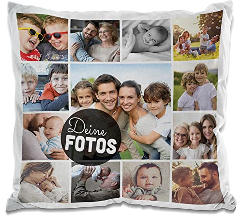PR Print Royal Flauschiges Kissen mit Fotocollage selbst gestalten - mit 13 Fotos Personalisieren - Geschenk für Freunde und Familie | Weiss flauschig, inkl. Kissenfüllung, 40x40cm