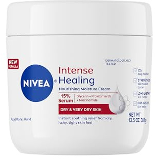 NIVEA Intense Healing Body Cream for Dry Skin with Glycerin, Provitamin B5 and Niacinamide, 72-Hour Moisture, Non-Greasy Body Moisturizer Immediately Soothes Dry, Itchy Skin Feeling, 13.5 Oz Jar