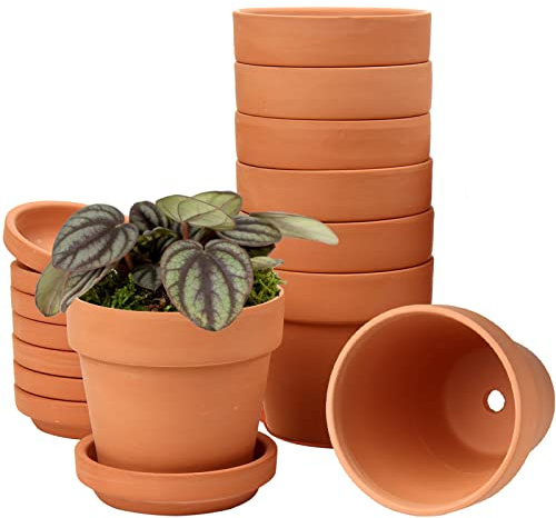 Hollyone 8 Stück kleine Terrakotta Töpfe, 13 X 13 cm rund Blumentopf Ton mit Untersetzer und Ablaufloch, klein Blumentopf mit Tablett, Terrakotta Sukkulenten Töpfe für Zimmerpflanzen Keramik Pflanzer