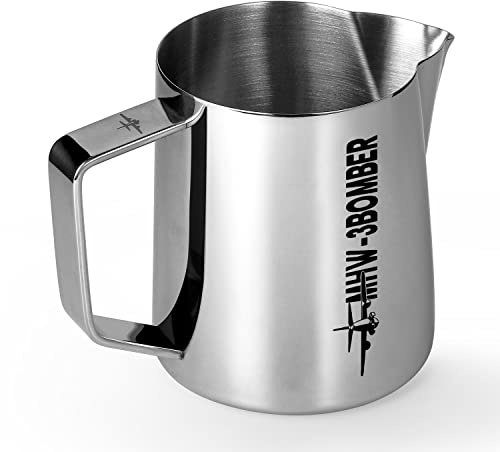 MHW-3BOMBER Milchaufschäumkrug P5001S, Weltmeister empfohlener Espresso-Dampfkrug mit Krokodil-förmigem Präzisionsausguss, Edelstahl Latte Art Milchkännchen für Baristas, 5.0 glänzend, 383 ml