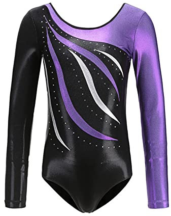 Odizli Turnanzug Mädchen Langarm Kinder U Rücken Strass Gymnastikanzug Ballett Trikot Body Leotard Tanzbody Ballettanzug Balletttrikot Eiskunstlauf Ballerina Ballettkleidung Lila 6-7 Jahre