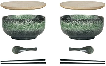 Cteahrow Tazón de ramen de cerámica 2 juegos (8 piezas) con palillos de cuchara, tazón de sopa grande de 1100 ML, ensaladeras para sopa, pho y tazón de sushi (Juego de 2 tazones verdes)