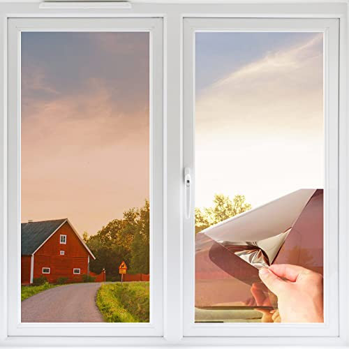 Fensterfolie von innen Durchsichtig von aussen Blickdicht,Sonnenschutzfolie Fenster innen UV-Schutz Reflektierende,Spiegelfolie Selbstklebend für Büros und Wohnungen (Tee Silber, 44.5 x 200cm)