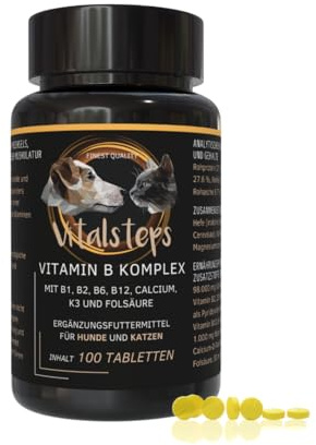 Vitalsteps Vitamin B Komplex | B1, B2, B3, B5, B6, B9, B12, Calcium, Folsäure und Vitamin K für Hund u. Katze ca. 100 Tabletten