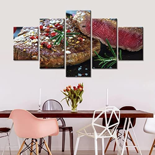 Bilder Steak Essen Ohne Rahmen: 150 X 80 Cm Vlies Leinwandbild 5 Tlg Kunstdruck Modern Wandbilder -Wanddekoration Design Wand Bild - Für Wohnzimmer Schlafzimmer Esszimmer