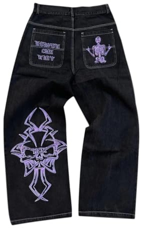 ORANDESIGNE Y2K Jeans Uomo Larghi Pantaloni Cargo Men's Jeans Hip Hop Pantaloni Larghi Denim Pantaloni Pantaloni a Gamba Larga Streetwear A Viola XS