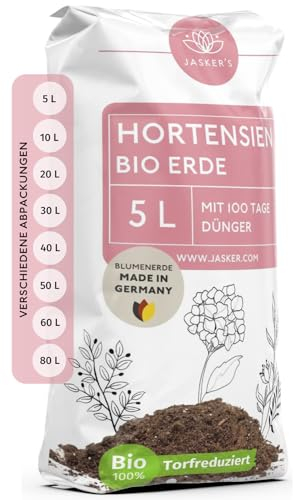 Bio Hortensienerde 5 L - Blumenerde für Hortensien aus 40% weniger Torf - Pflanzerde für weiße & rosafarbige Hortensien - Erde für Hortensien mit Dünger - Erde für Pflanzen