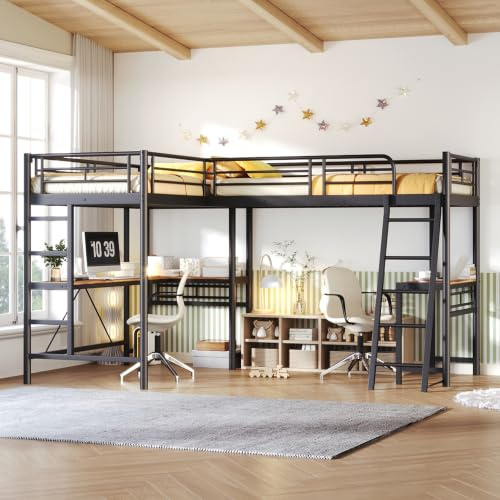 Moimhear 90 * 200cm Hochbett, Zwei Etagenbetten, Tisch unter dem Bett, Doppeltreppe, hohes Geländer, schwarz (schwarz)