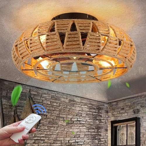 KZT Vintage Deckenventilator mit Beleuchtung und Fernbedienung E27 Deckenleuchte mit Ventilator Leise Ventilator Deckenlampe Retro mit Rattan Lampenschirm für Schlafzimmer Wohnzimmer Restaurant
