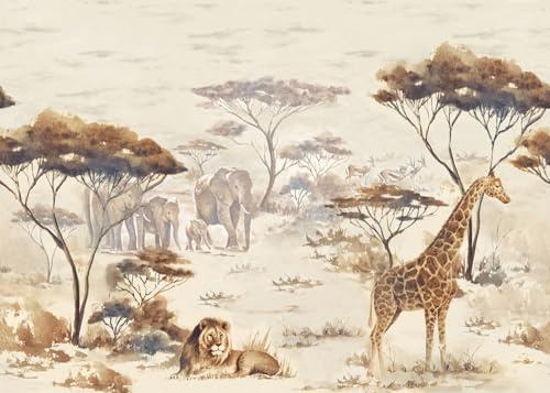Rasch Tapete 363678 - Fototapete auf Vlies mit Safari-Motiv in Beige mit Giraffen, Elefanten und Löwen