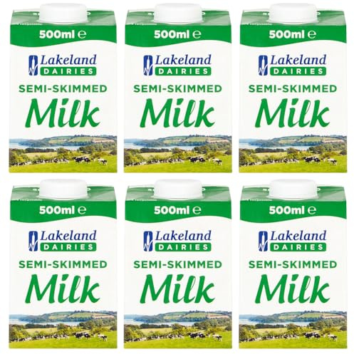 Lakeland UHT Semi Skimmed Milk 500ml Pack of 6 Low Fat 1.5% Long Shelf Life Calcium Dairy Drink Screw Top Multipack Catering Hospitality Office Pantry with Welari Thank You Card | (6pack) (3000ml)