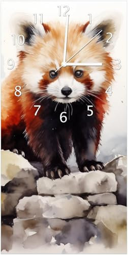 Wallario Design-Wanduhr Neugieriger Rotpanda aus Glas, Motiv-Uhr Größe 30 x 60 cm, weiße Zeiger