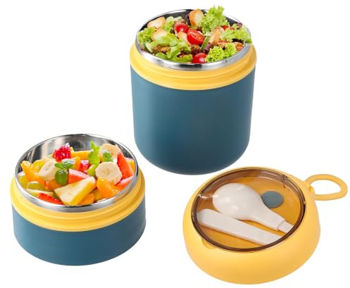 volumoon Termo Comida Caliente 710 ml, Taza de Cereales para Llevar, Taza de Yogur de Acero Inoxidable de Doble Capa con Cuchara, Recipiente Térmico para Comida para Rellenar Sopas, Pasta (Azul)