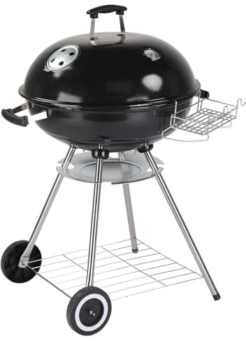 Parrilla de carbón portátil de 28 Pulgadas con Ruedas y Soporte de Almacenamiento, Tapa esmaltada en Porcelana y cenicero y termómetro, Parrilla Redonda con asador y Ruedas para Fiestas al Aire libr