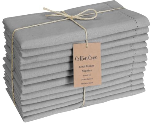 CottonCove Hemstitch Cloth Dinner Napkins Cotton 12 Pack - Soft Durable Washable - Ideal for Farmhouse Parties Wedding Christmas Easter - Perfect Everyday Use Table Cloth Napkins 46x46 cm Silver Grey