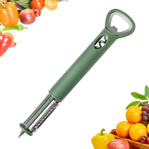 OWill Vegetable Peeler –Dual Blade Design for Fruit & Veggie Ease, Integrated Beer & Wine Opener & Potato Eye Remover, Stainless Steel Construction, Dishwasher Safe, Effortlessly Peel, Shred