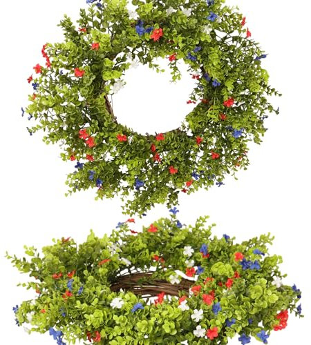 Quixem Patriotischer Kranz, künstlicher Geranie, Buchsbaum, 50,8 cm, Rot, Weiß, Blau, Grün, Unabhängigkeitstag, Gedenktag, Frühling, Sommer, Haustür, Wanddekoration