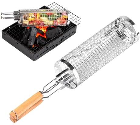 Grillkorb-Set mit Holzgriff, rollender Grillkorb, Netzrohr für Outdoor-Grill, Rollgrillkorb, Banaone 2 Stück große runde Körbe