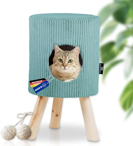 Rohrschneider Katzenhöhle Cord, waschbar, Ø 32 x 55 cm türkis | Katzenbett & Katzenhaus, Waschbares Kissen, Stabile Füße aus Vollholz, Rückzugsort für Katzen Indoor