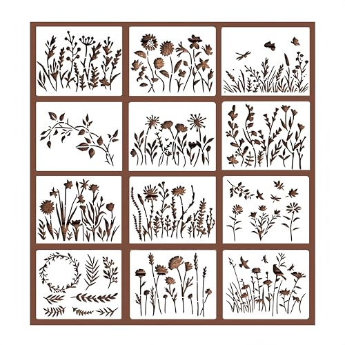 CZAKOMIX 12 Fogli Stencil di Pittura Floreale, Stencil Per Pittura,Modelli Per Pittura Muro– Perfetti Per Pittura Murale, Decorazione Tessile, Progetti Creativi E Altro Ancora