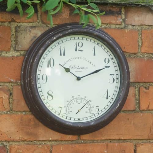 Marco Paul 30cm Distressed Wall Clock and Thermometer Outdoor and Thermometer for Garden Weatherproof Garden Wall Ornaments Clocks for Livingroom Kitchen Wall Clock