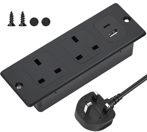 ANTREATU Recessed Power Strip with USB C/A PD20W, Recessed Power Socket with 2 UK Outlets & 2 USB Ports, Hidden Extension Lead with USB C for Furniture Kitchen Office Desk Power Socket with 2M Cable