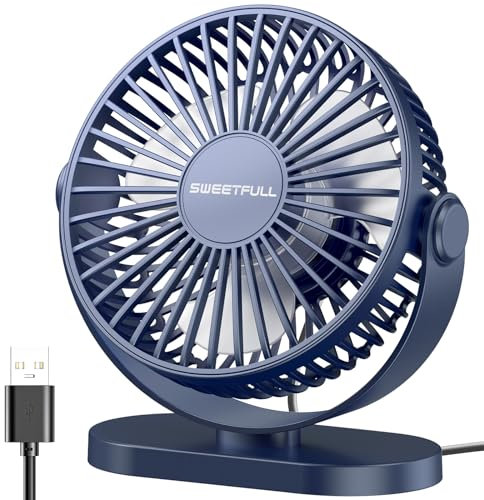 SWEETFULL USB Desk Fan, 3 Speed Silent & 360° Adjustable Mini Table Fan, Portable Compact Office Cooler for Home, Bedroom, Travel, Outdoor, Small USB Powered Desktop Powerful Cooling (Pure Blue)