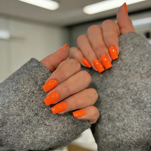 KQueenest Acrylic Press on Nails Short Medium Square, Orange False Nails Short Coffin, Glossy Natural Solid Color Fake Nails Set, Reusable Gel Stick on Nail for Women Finger Daily Wear 24 Pcs