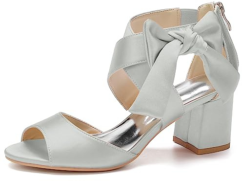 HFWXYSA Sandalias con Tira al Tobillo en Bloque Zapatos de Tacón Ancho para Mujer Punta Abierta Sandalias de Boda para Fiesta,Plata,41 EU