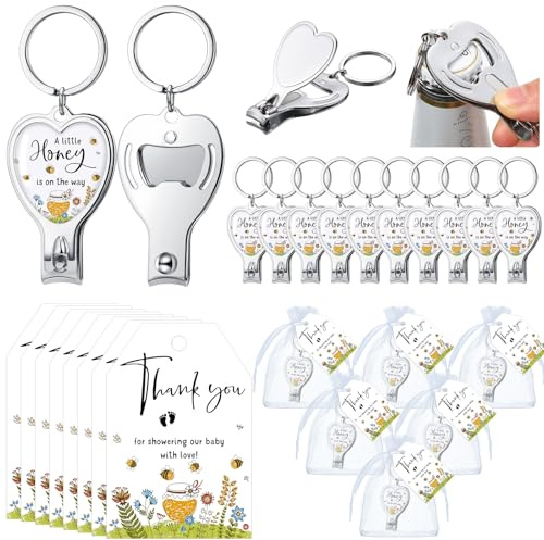 Wesiti 25 Sets Baby Shower Favor for Guests Honey Bee Keychain with Nail Clipper and Bottle Opener Thank You Tag Card Organza Bag