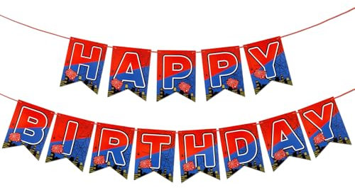 Spider Birthday Banner, Pre-Strung Colorful Spider Theme Happy Birthday Sign Garland Cartoon Movie Hanging Decorations for Boys Kids Party Baby Shower Supplies
