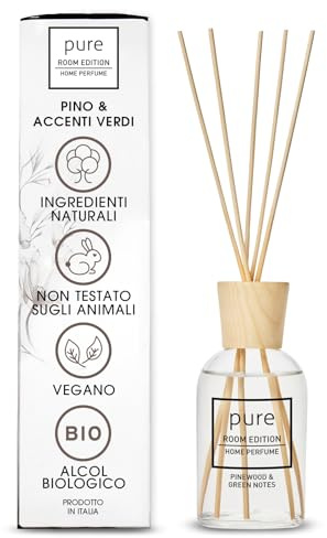 PURE ROOM EDITION 250ml Raumduft Pinie & grüne Akzente: natürliche Inhaltsstoffe, vegan & tierversuchsfrei, Bio-Alkohol, Diffuser mit Stäbchen hergestellt in Italien