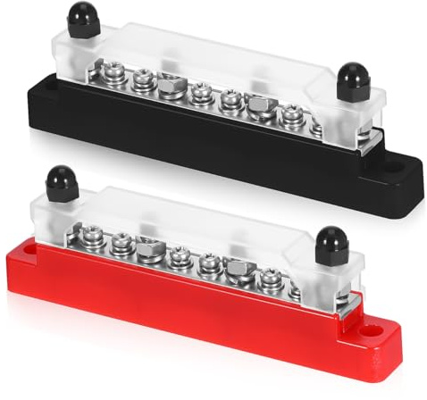 iplusmile 12V Bus Bar Distribution Block with 4 x 1/4 & 6 x #8 Studs – 150A High-Current Power Distribution for Automotive, Marine, Solar Systems – for DC Wiring, Battery Terminal Management