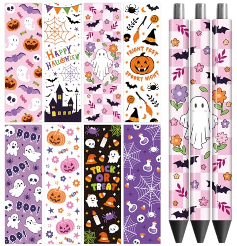 Peacoblue 48 Stück Transferaufkleber,Cute Halloween UV DTF Pen Wraps | Wasserfeste DIY Stiftaufkleber für Standard Stifte, Personalisierte Bastelprojekte für Schule, Büro, Lehrer und Kreative