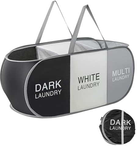 Yiomxhi Cesto Portabiancheria Pieghevole con 3 Scomparti, 99L Grande Porta Biancheria Sporca Pop-Up con Manici, Cesta Panni Sporchi Bucato per Vestiti Lavanderia Bagno Giocattoli Viaggi