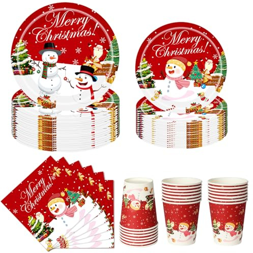 Nkaiso Pappteller Weihnachten, 96 Stück Weihnachtsfest Party Teller Einweg Set mit Weihnachtsteller Pappe, Bechern und Servietten für Weihnachts Dekoration - für 24 Gäste