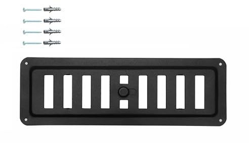DEMLOU Grille d’Aération Rectangulaire en Métal Noir RAL 9005 – 23 x 7,5 cm – Acier Galvanisé – Flux d’Air Réglable Ouverture-Fermeture – Diffuseur de Chaleur Murale/Plafond avec Revêtement Poudre.