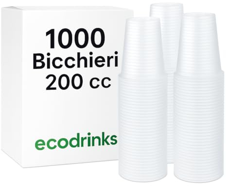 ecodrinks 1000 Bicchieri Bianchi 200 ml RICICLABILI - Extra Resistenti, a Prova di Perdite - Per Bevande Calde e Tiepide, Acqua, Cocktail, Bibite - Ideali per Eventi, Feste, Catering e Ufficio
