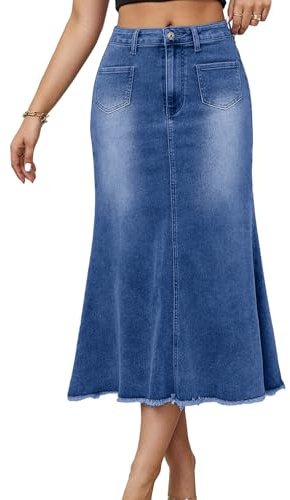 Ellunis Long Denim Skirt for Women Casual A-Line Stretchy Denim Maxi Skirt 2026 High Waisted Jean Skirt with Pocket
