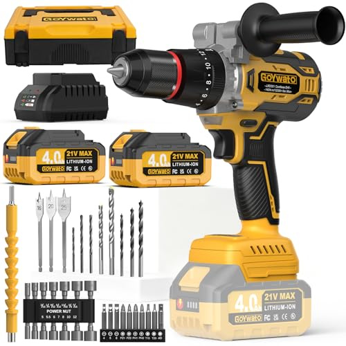 GoYwato 140N·m Cordless Hammer Drill - 21V 1/2-Inch Brushless Electric Power Drills Set w/ 2 x 4.0Ah Battery & 42PCs Accessory & Self-Locking Metal Chuck Impact Drill for Drilling Wood Bricks Metal