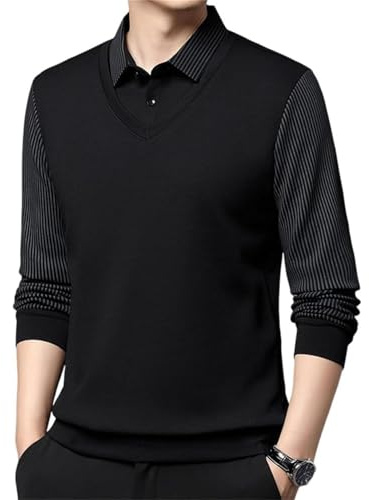 Chemise à revers à deux pièces avec manches longues pour homme, rayée, décontractée, avec col à revers, hauts à manches longues pour homme, sweat-shirt, Noir , L