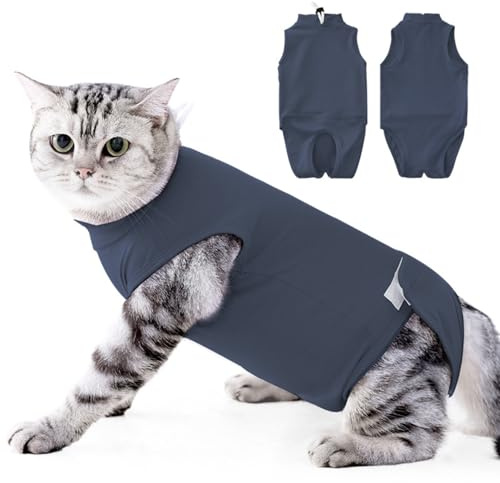 Katzenbody Nach Op, Katzenbekleidung，Anti-Wund Hundebody Für Hunde & Katzen, Katzenanzug Für Nach Op Kastration Mit Halskrause (M,Graublau)
