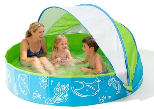 Hikiddy Foldable Kiddie Pool with Canopy for Kids Family, 63in, Blue-Green