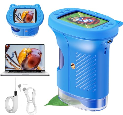 Aspoven 1000X Handheld Digital Microscope for Kids, 4K Kids Microscope with 2.4 Screen, 200–1000X Magnification, Portable STEM Educational Toy with 12 Slides for Boys and Girls Ages 5–12 (Blue)