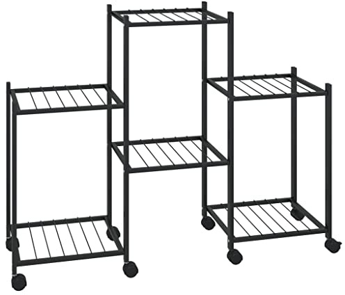 Foknhdi Soporte para flores con ruedas, 83 x 25 x 63,5 cm, hierro negro, estantería para plantas de interior y exterior, escalera de plantas de esquina de varios pisos, para salón, balcón, estantería