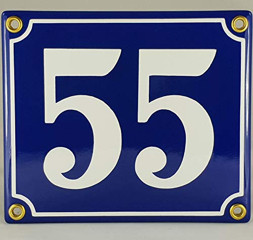 Hausnummer Emaille Schild Nr. 55 Blau-Weiß Handarbeit mit Schrauben und Dübel zur Montage