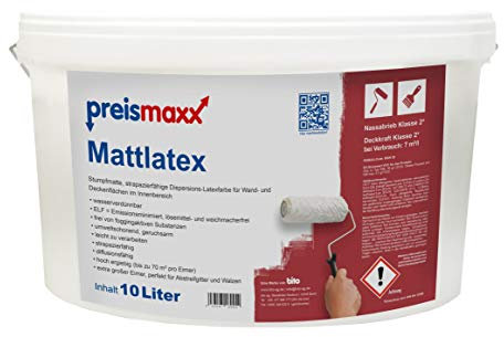 Preismaxx Mattlatex Wandfarbe, Latexfarbe, weiß, matt, 10 Liter, Deckkraftklasse 2, Nassabriebklasse 2