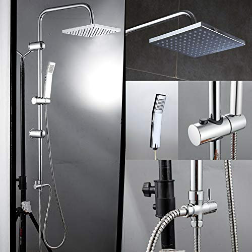 Large Stainless Steel Dual Mixer Shower Heads Rail Hose Riser Kit Valve Twin Set Thermostatic Shower Mixer Chrome Head Bathroom Square Shower Head Kit