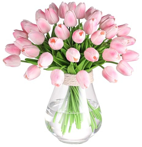30 Pcs Artificial Tulips PU Faux Flowers, Pink Real Touch Fake Tulips for Valentine's Day Spring Easter Home Kitchen Wedding Decorations and New Year Decor